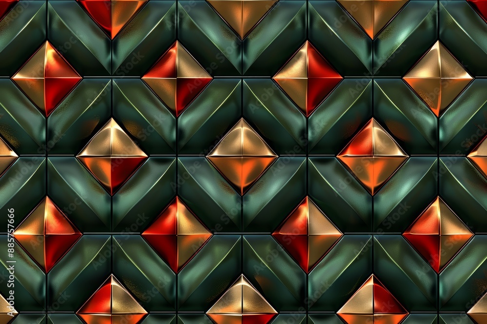 Luxurious abstract geometric pattern with rich green, red and gold tones, featuring intricate details and a plush texture Luxurious abstract geometric pattern with rich green, red and gold tones, featuring intricate details and a plush texture