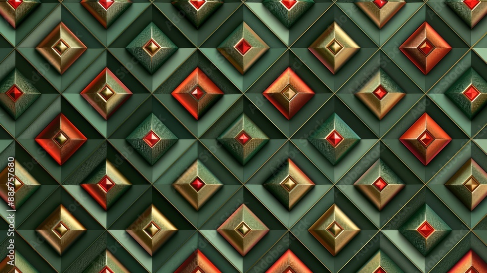 Luxurious abstract geometric pattern with rich green, red and gold tones, featuring intricate details and a plush texture Luxurious abstract geometric pattern with rich green, red and gold tones, featuring intricate details and a plush texture