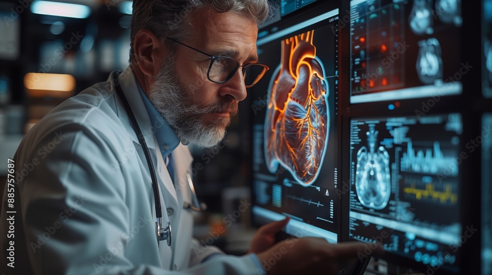 Doctor Examining Medical Scans of the Heart and Brain Doctor Examining Medical Scans of the Heart and Brain