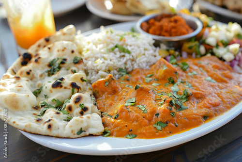 Plate of Spicy Indian Curry with Rice and Naan Bread © lucas