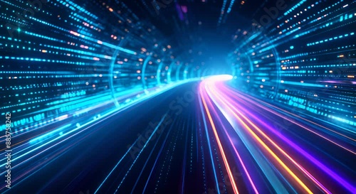 Wallpaper Mural High-speed digital highway, capturing the essence of rapid data transfer in a futuristic tunnel with bright blue and orange light streaks, symbolizing the interconnected world of modern technology. Torontodigital.ca