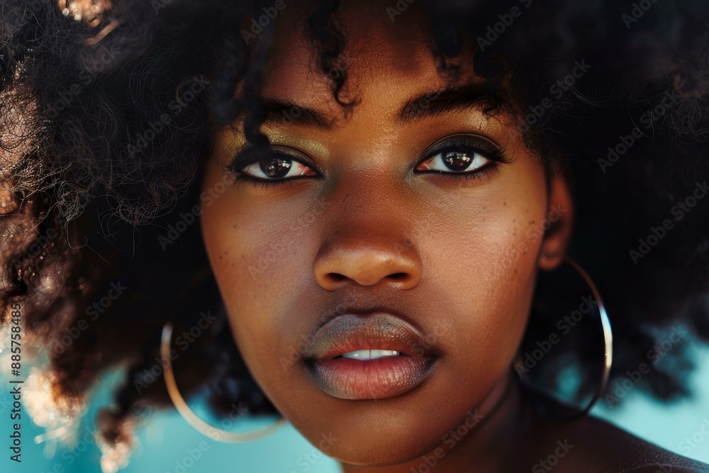 Closeup portrait of a young woman with captivating eyes and voluminous curly hair Closeup portrait of a young woman with captivating eyes and voluminous curly hair