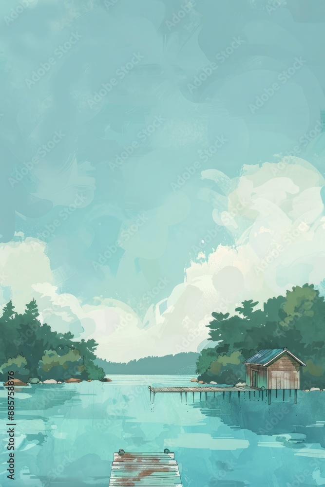 Obraz premium Tranquil Lakeside Cabin with Dock and Serene Waters