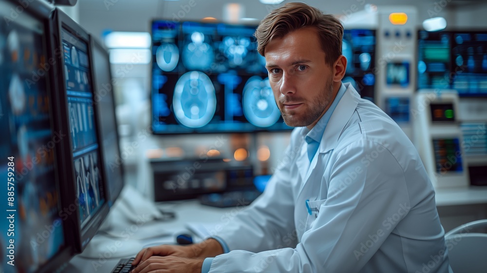 Medical Professional Analyzing Brain Scans on Computer Medical Professional Analyzing Brain Scans on Computer