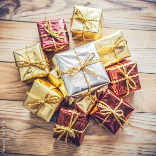 New Year's magic: shiny gift boxes on a wooden floor create holiday wonder and joy for the whole family 