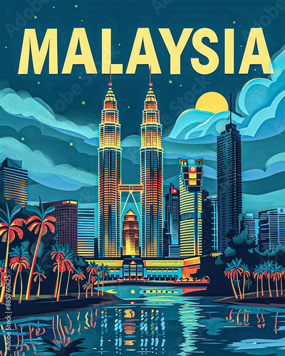 Malaysia retro travel poster illustration. Malaysian architecture