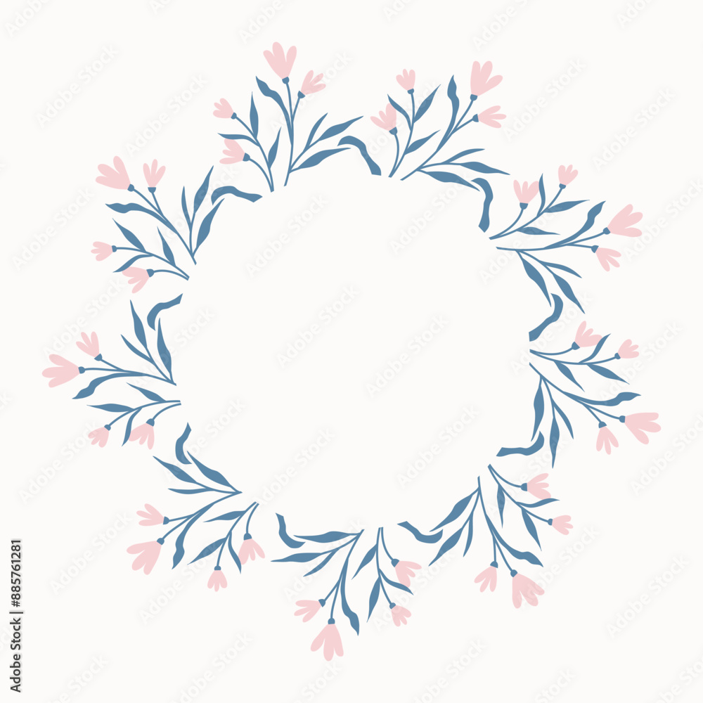 Circular floral frame. Spring botanical wreath with flowers and greenery. Rim blooming wild flowers, vector isolated illustration Circular floral frame. Spring botanical wreath with flowers and greenery. Rim blooming wild flowers, vector isolated illustration