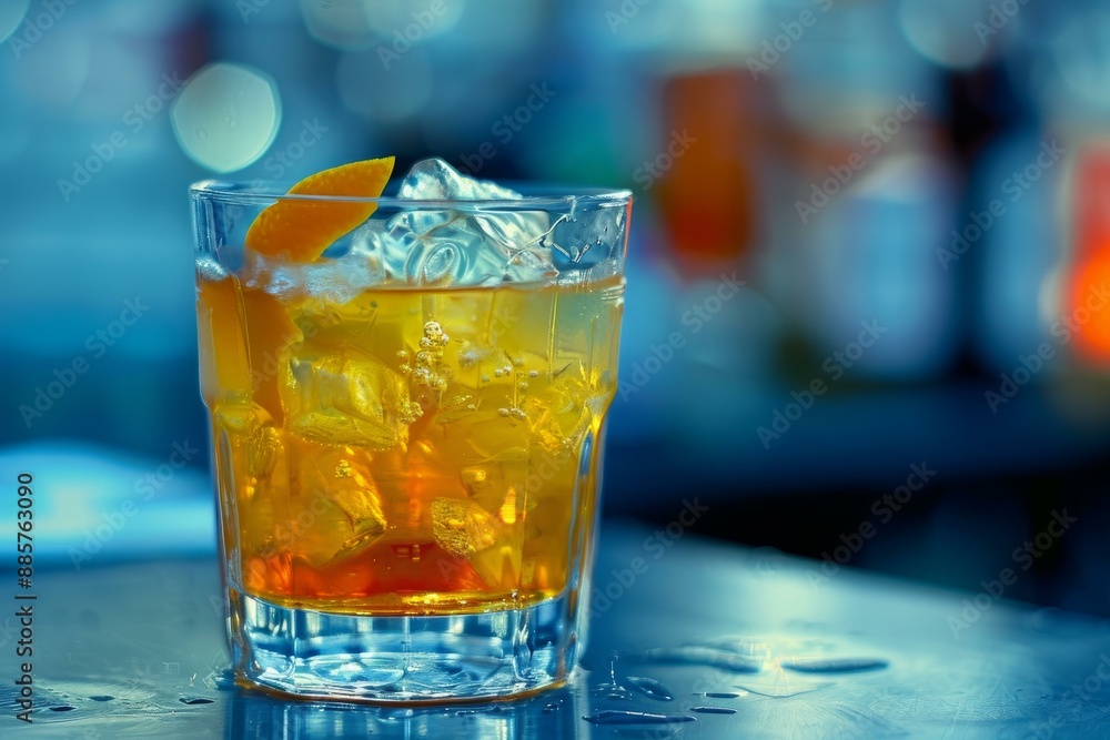 Closeup of a cold alcoholic drink with ice and an orange slice, against a blurry bar background Closeup of a cold alcoholic drink with ice and an orange slice, against a blurry bar background