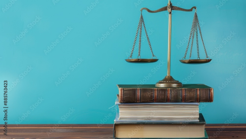 law books on desk with scales of justice against blue background, symbolizing classwork or professional harmony Background copy space for event promotion banner design Generative AI law books on desk with scales of justice against blue background, symbolizing classwork or professional harmony Background copy space for event promotion banner design Generative AI