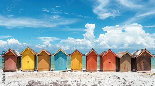 A row of beach huts with a sign that says 'beach hut '