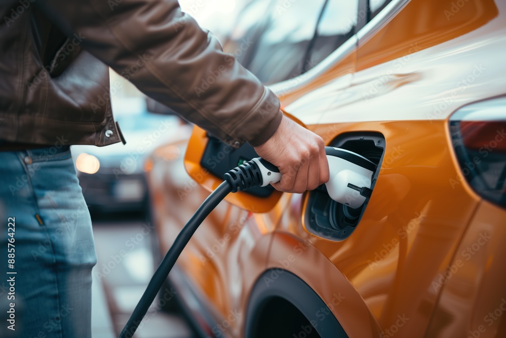 Fototapeta premium Orange car refueling at urban charging station. Person wearing brown jacket, blue jeans holds fuel nozzle connecting to vehicle tank. Urban city street with other vehicles, buildings in background.