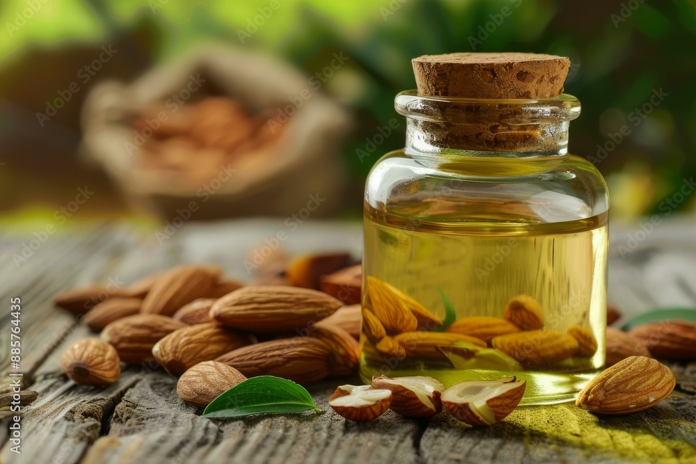 Transparent bottle of almond oil surrounded by whole almonds, with a natural green backdrop Transparent bottle of almond oil surrounded by whole almonds, with a natural green backdrop