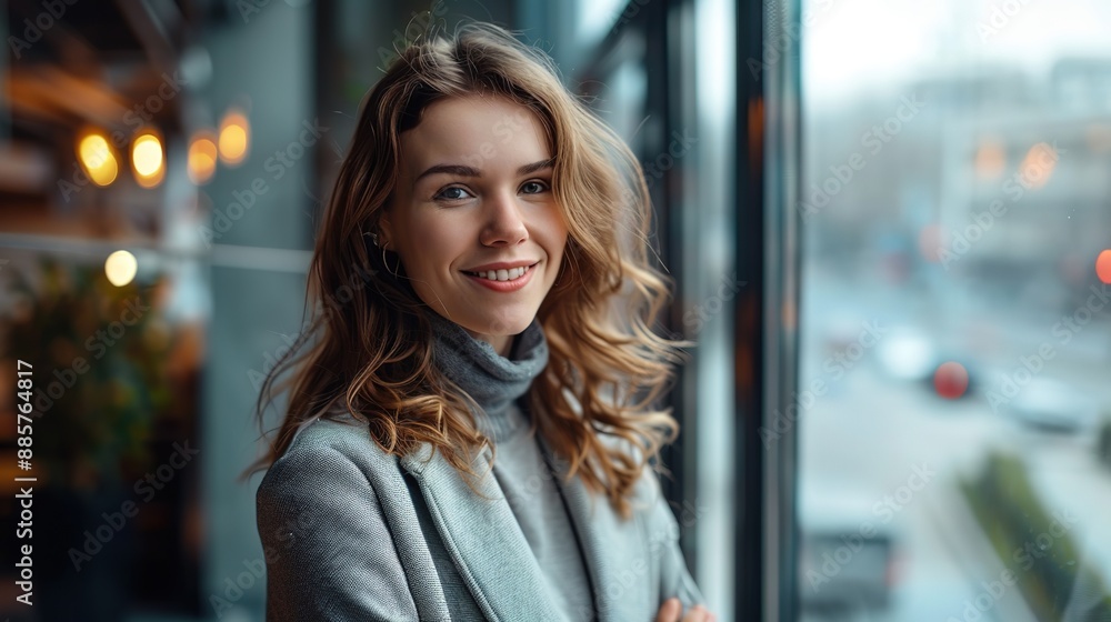 A_joyful_businesswoman_standing_by_a_window_in_a_modern_office_background_generative_ai_image A_joyful_businesswoman_standing_by_a_window_in_a_modern_office_background_generative_ai_image