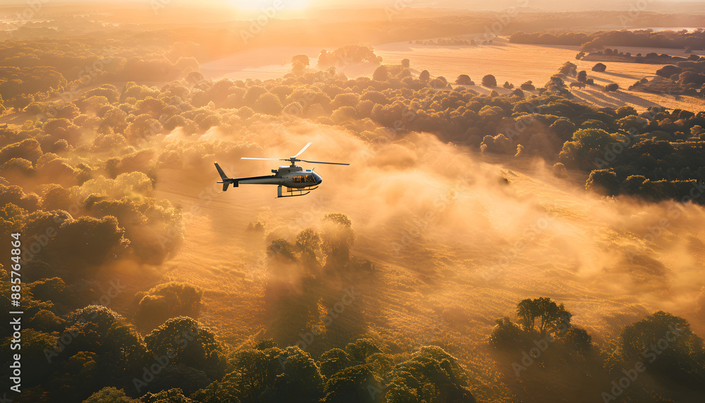 Fototapeta premium Private helicopter in action over summer mountains background. Height view. Natural sunset light and shadows. Sunset time.