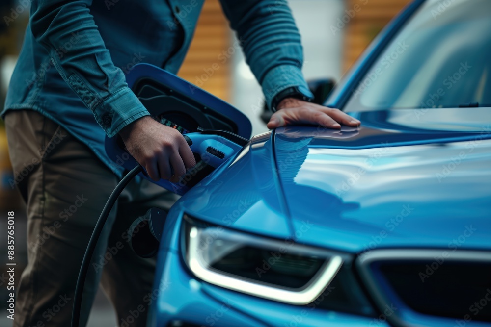 Man stands next to electric car with open hood. He inserts charging plug into socket. Urban setting with trees lining street. Perfect shot for eco-friendly and tech-related content. Man stands next to electric car with open hood. He inserts charging plug into socket. Urban setting with trees lining street. Perfect shot for eco-friendly and tech-related content.