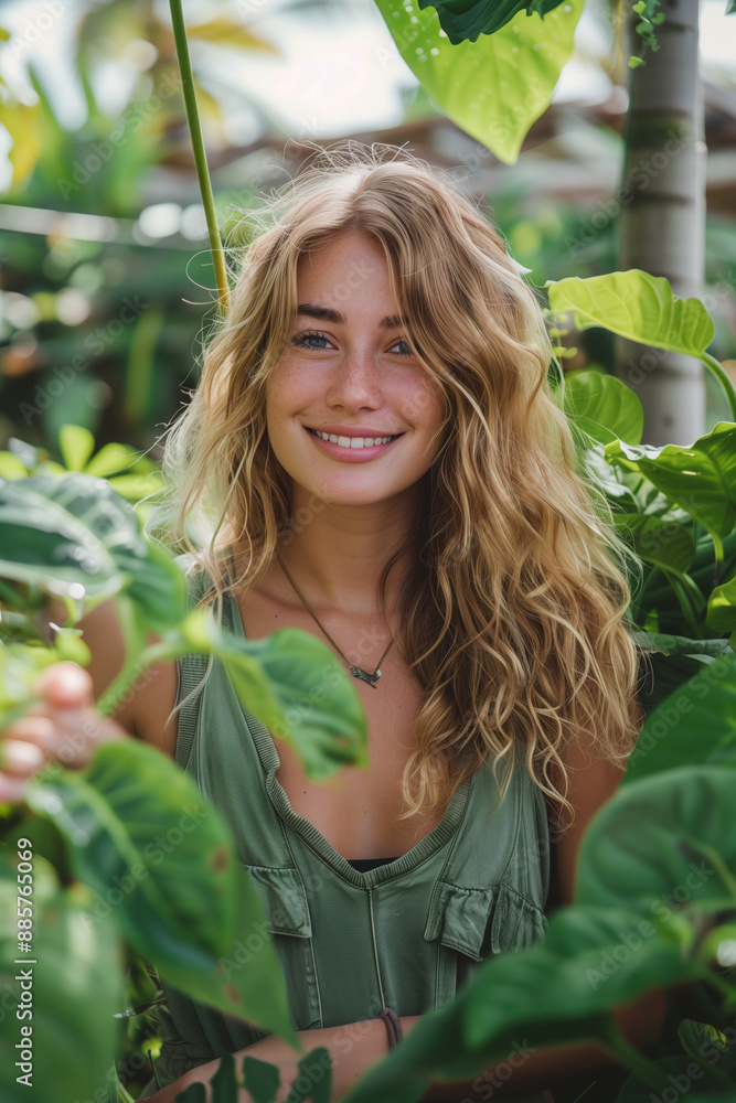 A Blonde Woman's Gentle Touch on Greenery in a Lush Garden A Blonde Woman's Gentle Touch on Greenery in a Lush Garden