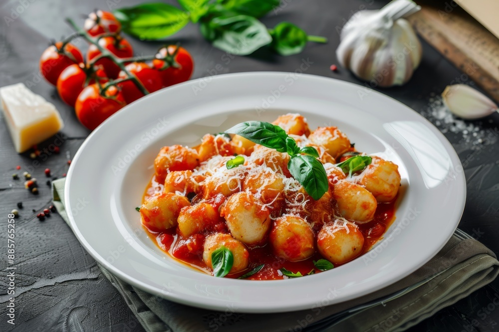 Plate of gnocchi with tomato sauce and basil on black background. Plate of gnocchi with tomato sauce and basil on black background.