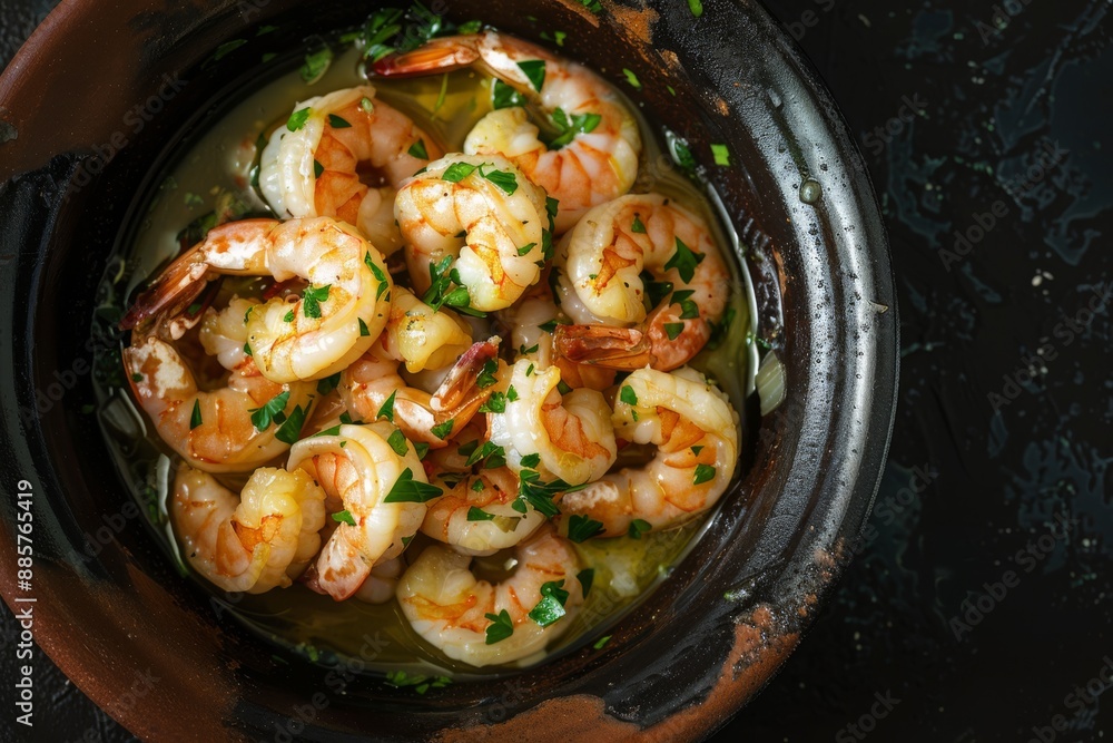 Bowl of shrimp scampi with garlic and parsley. Bowl of shrimp scampi with garlic and parsley.