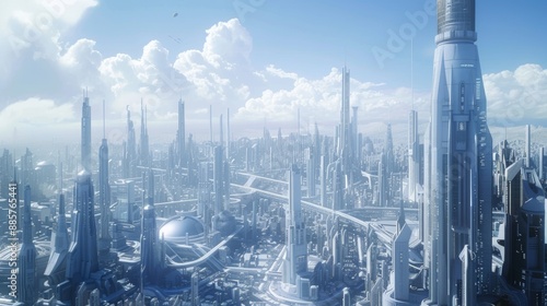 Wallpaper Mural Futuristic city skyline with towering skyscrapers and advanced architecture under a bright blue sky Torontodigital.ca