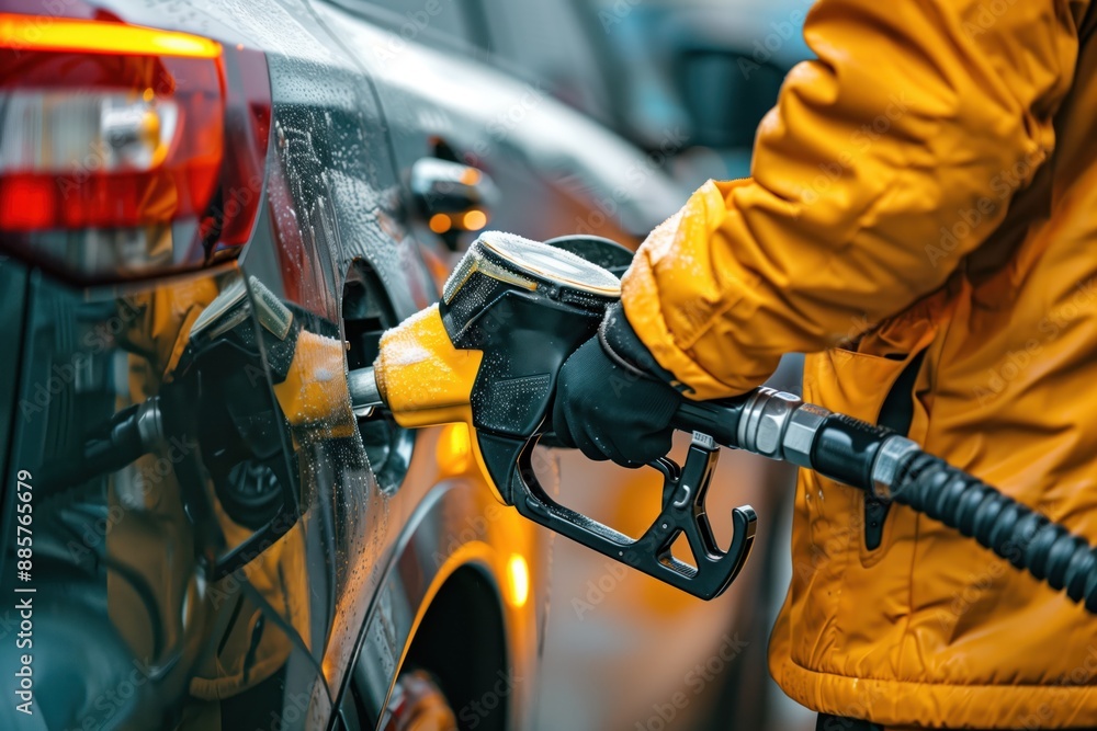 Person refuels car at orange gas station with black fuel pump and yellow nozzle. Car interior visible with gray backdrop. Man inserts fuel nozzle into car tank. Fueling up vehicle at roadside stop. Person refuels car at orange gas station with black fuel pump and yellow nozzle. Car interior visible with gray backdrop. Man inserts fuel nozzle into car tank. Fueling up vehicle at roadside stop.