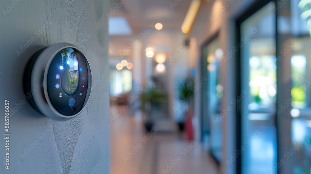 Modern smart thermostat displayed on wall in a bright hallway of a contemporary home setting Modern smart thermostat displayed on wall in a bright hallway of a contemporary home setting