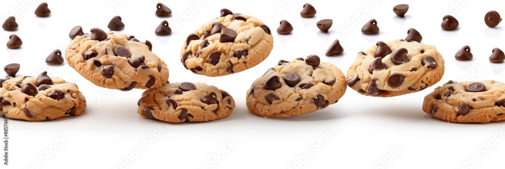 Levitating cookies falling in midair on white background, delicious baked treats in motion Levitating cookies falling in midair on white background, delicious baked treats in motion