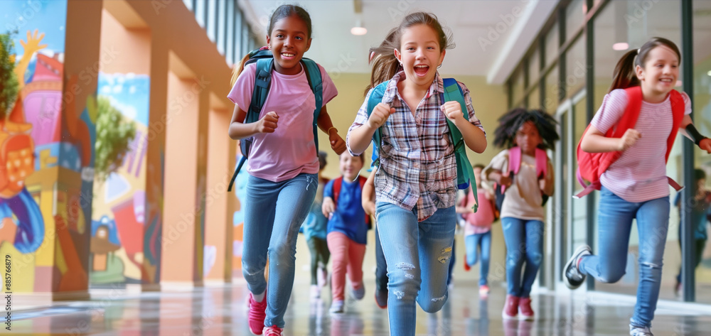 Obraz premium Vibrant image of diverse, multiracial, happy young children running through school corridor. Wearing colorful clothing and backpacks, conveying excitement and joy. School time, education concept.