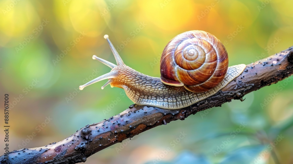 Snail exploring a branch in a vibrant forest setting during daylight Snail exploring a branch in a vibrant forest setting during daylight