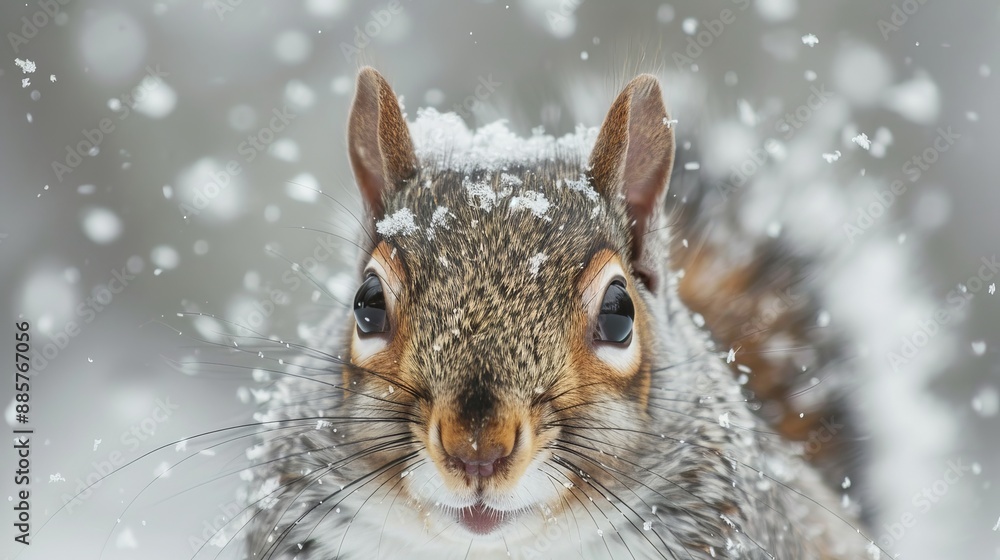 Obraz premium Squirrel foraging during a snowstorm in a winter forest setting