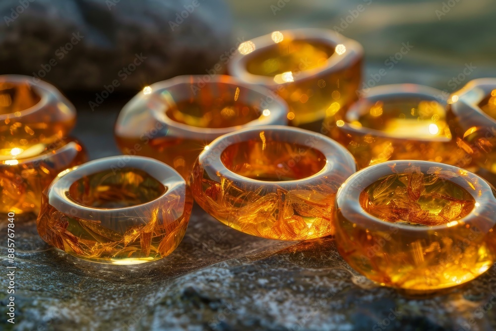 Collection of amber rings on a rocky surface with a warm sunset light casting a soft glow Collection of amber rings on a rocky surface with a warm sunset light casting a soft glow