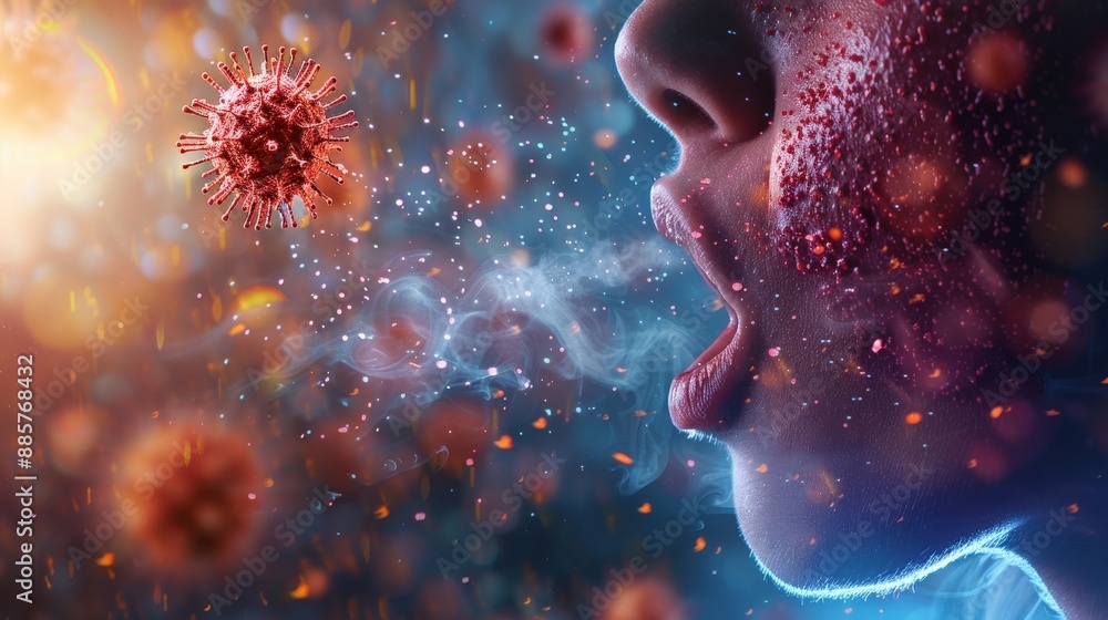 A person is blowing their nose and a virus is in the background. Scene is serious and concerning A person is blowing their nose and a virus is in the background. Scene is serious and concerning