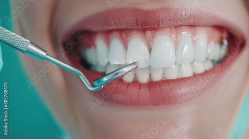 A woman is getting her teeth cleaned by a dentist. The dentist is using a small tool to clean the woman's teeth