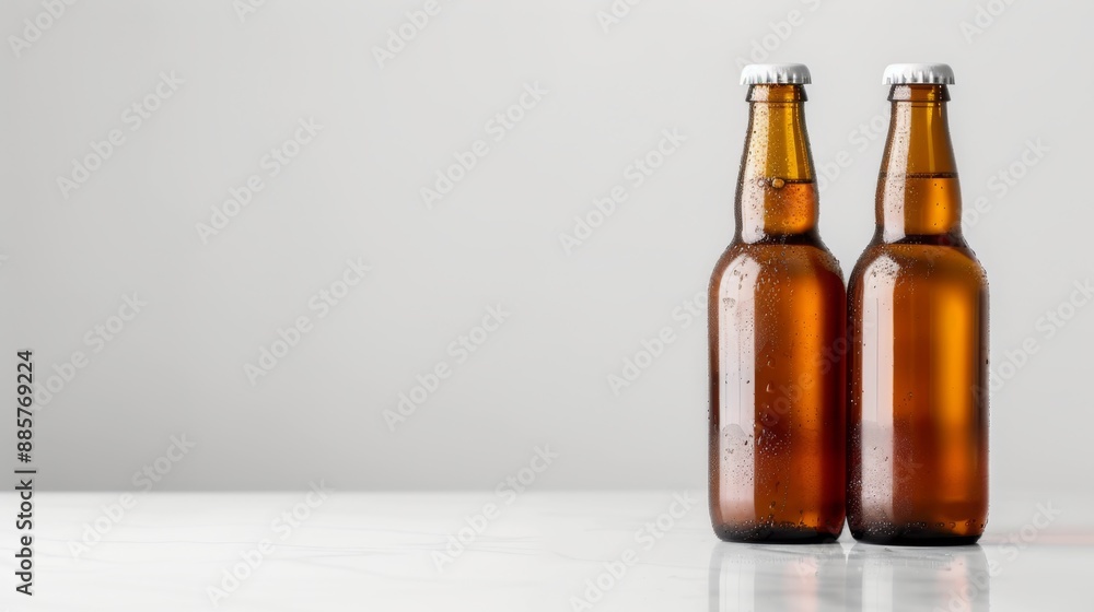 Craft beer bottles on white table, isolated background. Alcohol drink product presentation template, clean advertising design. Craft beer bottles on white table, isolated background. Alcohol drink product presentation template, clean advertising design.
