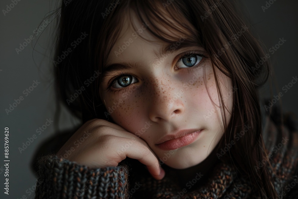 A close-up shot of a young child's face featuring freckles A close-up shot of a young child's face featuring freckles