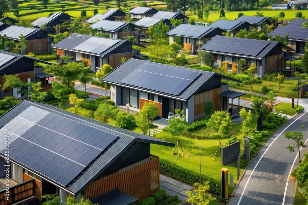 Aerial view of green house community with solar panels on roof. Unique houses, winding road. Zero carbon housing concept. Eco friendly living. Sustainable community. Aerial view of green house community with solar panels on roof. Unique houses, winding road. Zero carbon housing concept. Eco friendly living. Sustainable community.