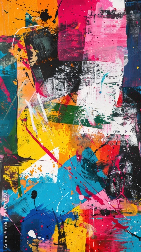 Fototapeta premium Bold abstract artwork with contrasting colors and textures, featuring splashes of paint and layered patterns.
