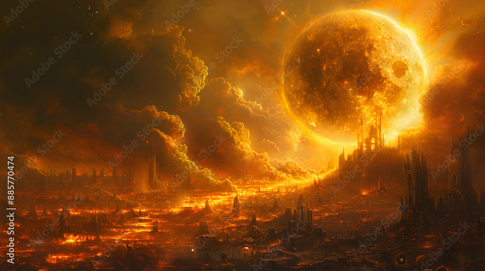 A dystopian solar planet with the remains of a fallen empire and a dark sky A dystopian solar planet with the remains of a fallen empire and a dark sky