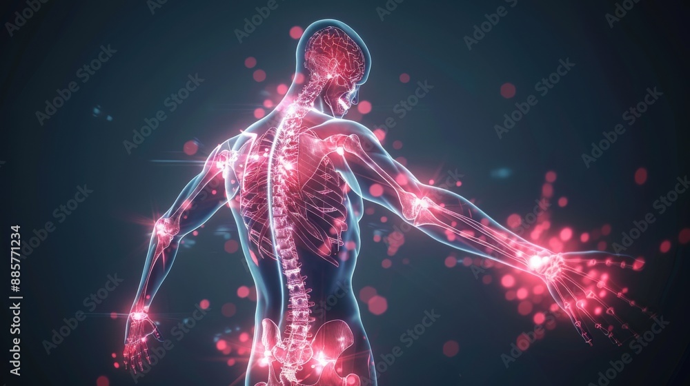 A man's body is lit up with red and blue lights, giving the impression of a sci-fi or futuristic scene A man's body is lit up with red and blue lights, giving the impression of a sci-fi or futuristic scene