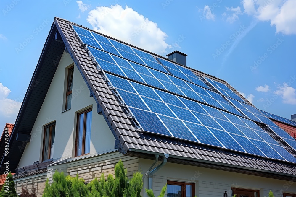 Two-story house with sloping roof and chimney. Gray exterior contrasts with blue solar panels angled towards sky. Small garden in front adds natural touch. Zero carbon housing concept on sunny day. Two-story house with sloping roof and chimney. Gray exterior contrasts with blue solar panels angled towards sky. Small garden in front adds natural touch. Zero carbon housing concept on sunny day.
