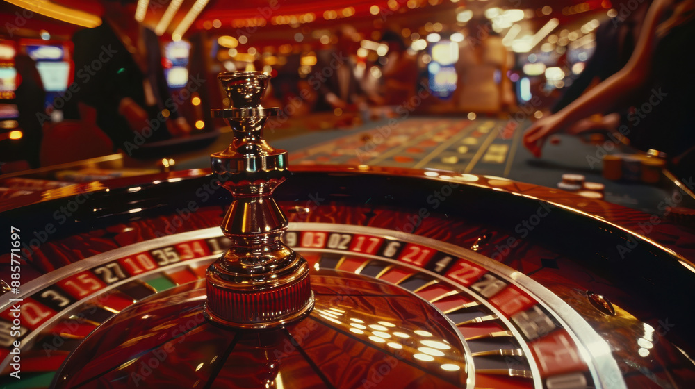 A cinematic shot of a bustling casino roulette table, focusing on the spinning roulette wheel and player's hands placing bets, lively crowd and casino environment in the background A cinematic shot of a bustling casino roulette table, focusing on the spinning roulette wheel and player's hands placing bets, lively crowd and casino environment in the background