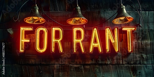 Glowing Futuristic FOR RANT Sign on Wooden Background with Holographic Effect