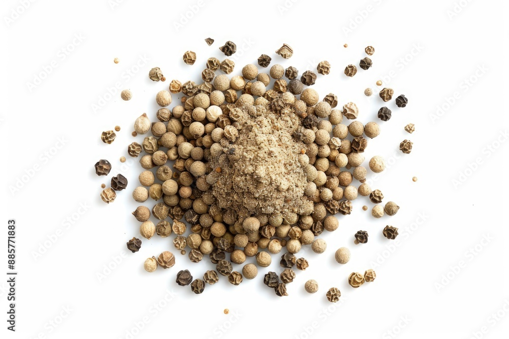 Close-up shot of pepper seeds scattered on a white surface, ideal for food or botanical-related uses Close-up shot of pepper seeds scattered on a white surface, ideal for food or botanical-related uses