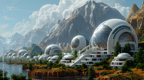  A futuristic solar planet with domed cities and advanced renewable energy sources photo