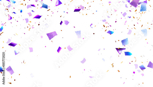Holographic confetti with festive neon sparkles, birthday or New Year party carnival decor, metal foil particles explosion, and rainbow iridescence effect. Decoration poster background in purple color