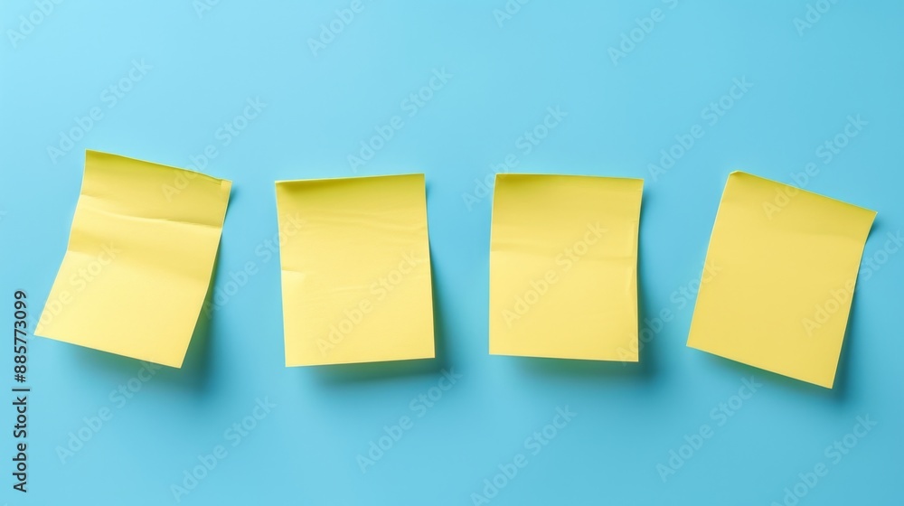 Four yellow sticky notes arranged in a row on a bright blue background. Four yellow sticky notes arranged in a row on a bright blue background.
