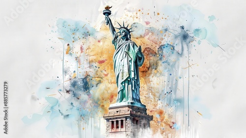 A painting of the Statue of Liberty with a colorful sky in the background. The painting is vibrant and full of life, with the statue standing tall and proud in the center. The colors of the sky