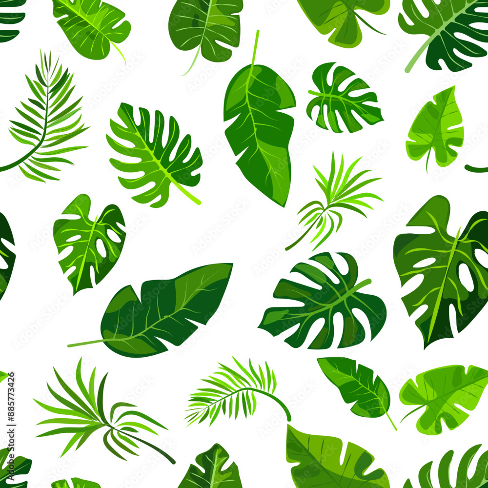 seamless pattern of vibrant green leaves on a white background. Various leaf shapes and sizes create a fresh, natural, and tropical appearance, perfect for eco-friendly or botanical projects seamless pattern of vibrant green leaves on a white background. Various leaf shapes and sizes create a fresh, natural, and tropical appearance, perfect for eco-friendly or botanical projects