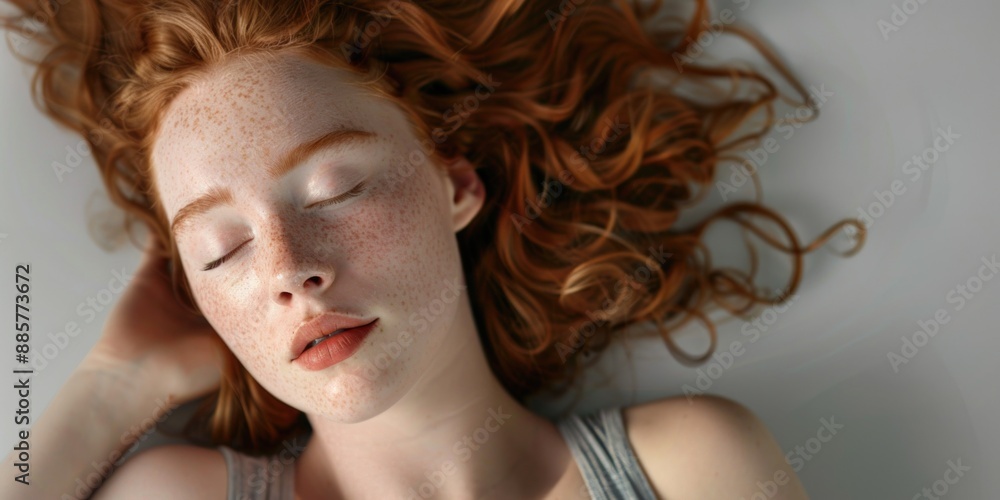 Fototapeta premium A woman with distinctive freckles reclining on her head, possibly relaxing or enjoying the moment
