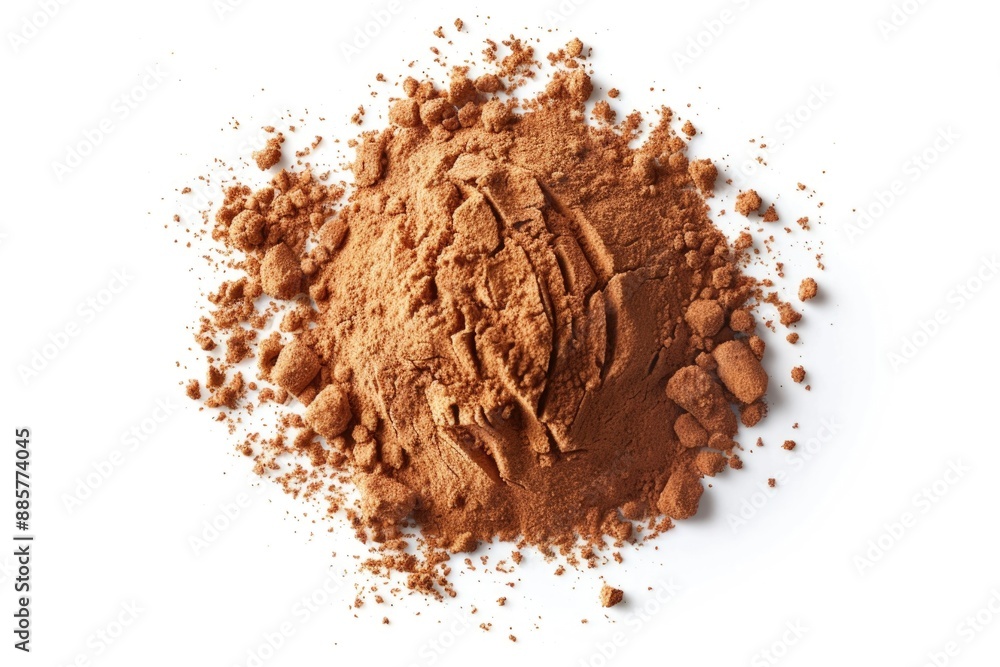 A heap of brown cocoa powder sits on a white surface, perfect for baking or decorating A heap of brown cocoa powder sits on a white surface, perfect for baking or decorating