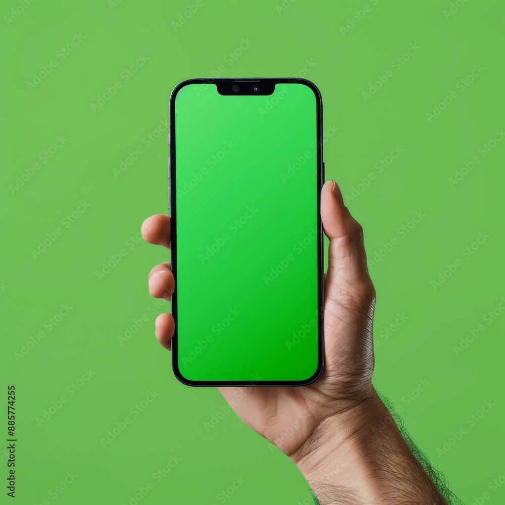 A hand holding a smartphone with a green screen in front of a green background. A hand holding a smartphone with a green screen in front of a green background.